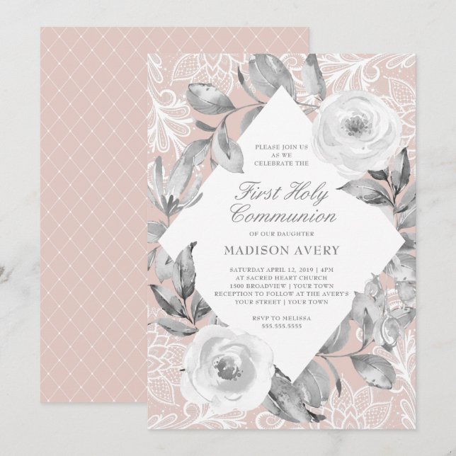 Invitación Primera comunión santa del cordón floral gris (Anverso / Reverso)