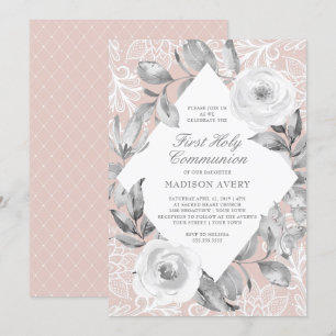 Invitación Primera comunión santa del cordón floral gris