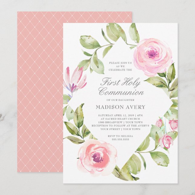 Invitación Primera comunión santa del diamante floral rosado (Anverso / Reverso)