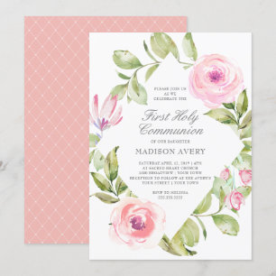 Invitación Primera comunión santa del diamante floral rosado