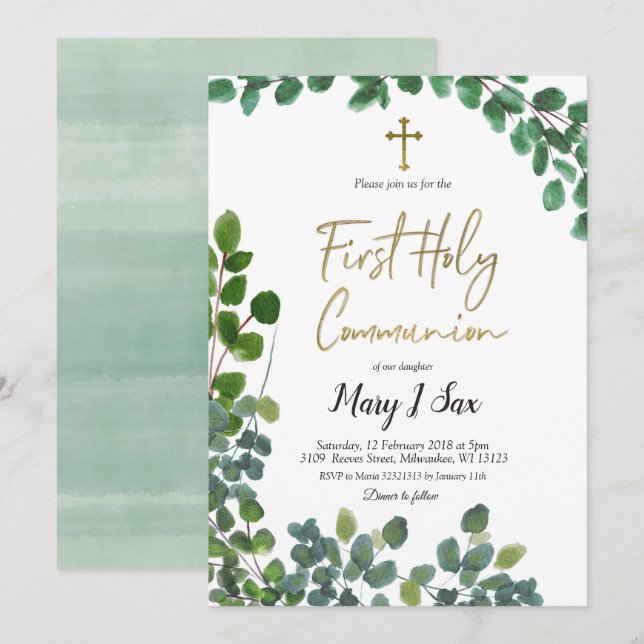 Invitación Primera comunión santa del eucalipto caprichoso (Anverso / Reverso)