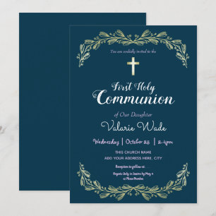 Invitación Primera Comunión Santa Fancy Floral Frame Faux Gol