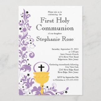 Invitación Primera comunión santa floral púrpura moderna