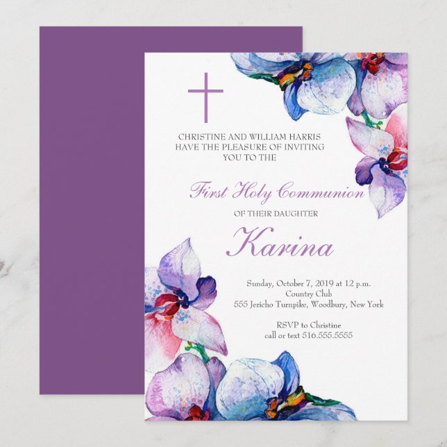 Invitación Primera Comunión Santa Floral Púrpura y Azul (Anverso / Reverso)