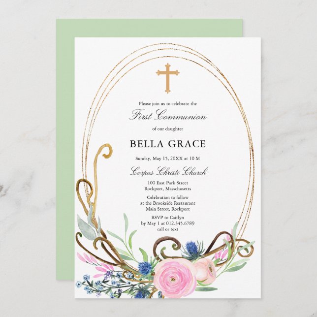 Invitación Primera Comunión Santa Floral Rosa y Azul (Anverso / Reverso)