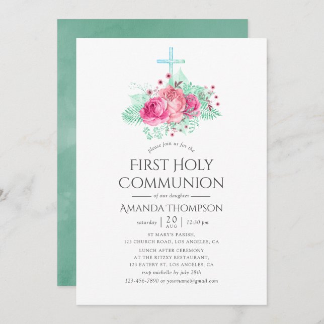 Invitación Primera Comunión Santa Floral Rosa y Mint (Anverso / Reverso)
