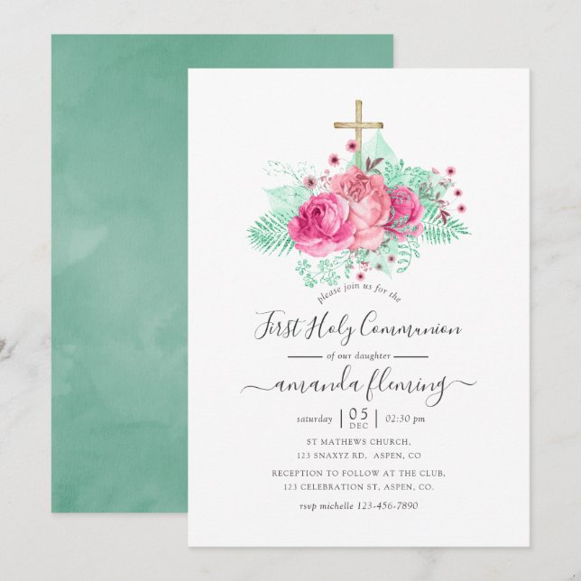Invitación Primera Comunión Santa Floral Rosa y Mint (Anverso / Reverso)