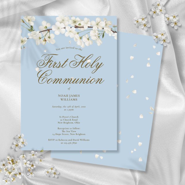 Invitación Primera Comunión Santa Florencia Floral Elegante A (First Holy Communion Blossom Floral Elegant Blue Invitation)