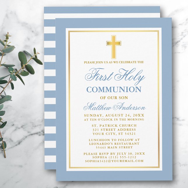 Invitación Primera Comunión Santa Luz de Oro Banda Azul (Customize to change text size, color or text style.)