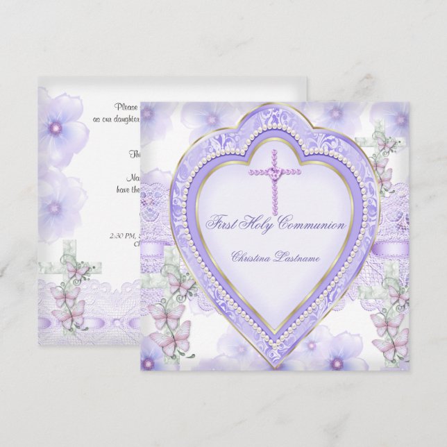 Invitación Primera Comunión Santa Morado Corazón Rosa Niña 2 (Anverso / Reverso)