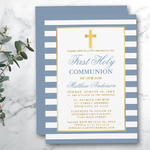 Invitación Primera Comunión Santa Oro Rasgado Azul