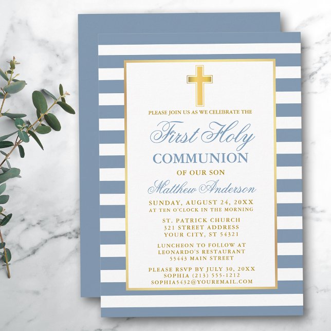Invitación Primera Comunión Santa Oro Rasgado Azul (Customize to change text size, color or text style.)