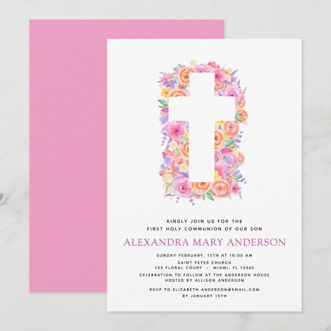Invitación Primera Comunión Santa Pastel Rosa Floral (Anverso / Reverso)
