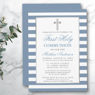 Invitación Primera Comunión Santa Plata Dusty Blue Striped