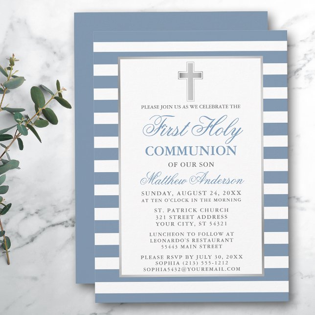 Invitación Primera Comunión Santa Plata Dusty Blue Striped (Customize to change text size, color or text style.)