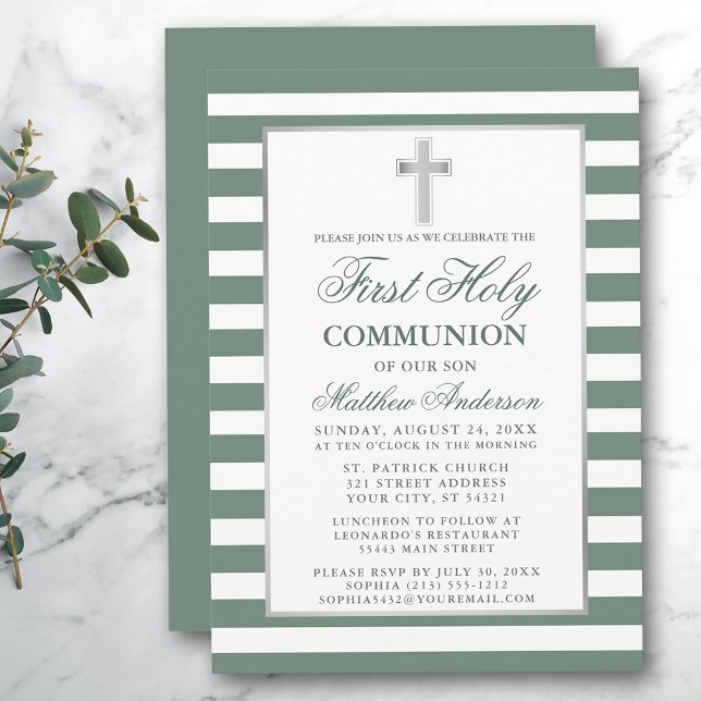 Invitación Primera Comunión Santa Plata Sage Green Striped (Customize to change text size, color or text style.)