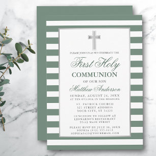 Invitación Primera Comunión Santa Plata Sage Green Striped