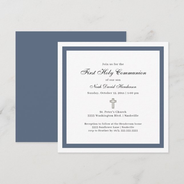 Invitación Primera Comunión Simple Azul Blanco (Anverso / Reverso)