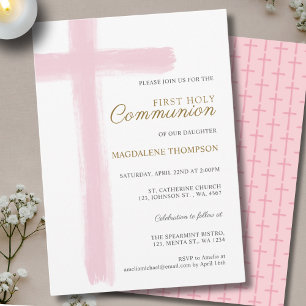 Invitación Primera Comunión Simple Cruz Rosa Niña