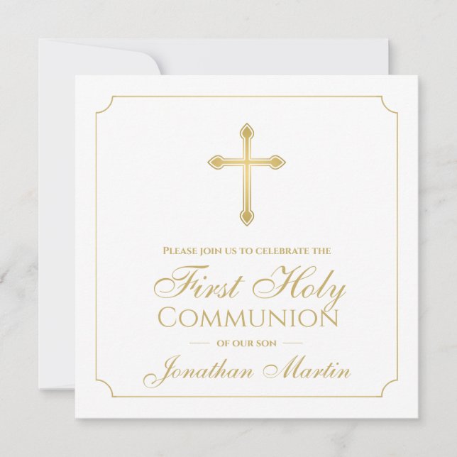 Invitación Primera comunión simple cruza de oro cristiano (Anverso)