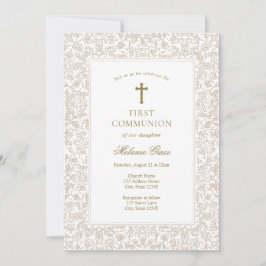 Invitación Primera Comunión Tradicional Floral Dorada Elegant