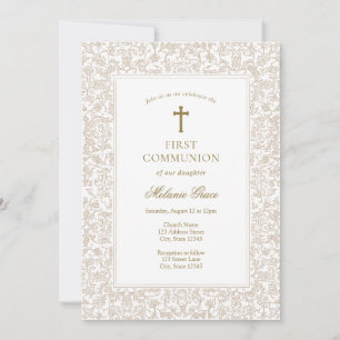 Invitación Primera Comunión Tradicional Floral Dorada Elegant
