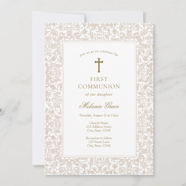 Invitación Primera Comunión Tradicional Floral Dorada Elegant (Anverso)