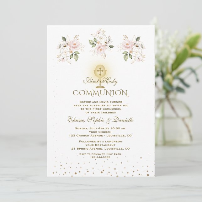Invitación Primera Comunión Tripletes Flores Rosadas de Lujo (Anverso de pie)