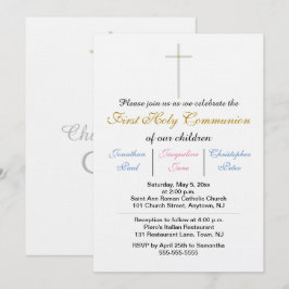 Invitación Primera Comunión Tripletes Rosa Azul Dorado