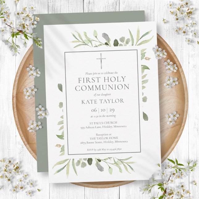 Invitación Primera Comunión Verde Acuarela (Watercolor Greenery First Holy Communion Invitation)