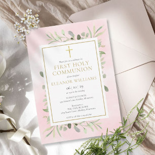 Invitación Primera Comunión Verde Acuarela Rosa