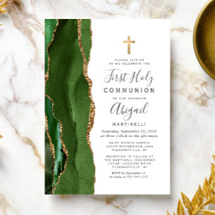 Invitación Primera Comunión Verde Ágata Dorada Brillante