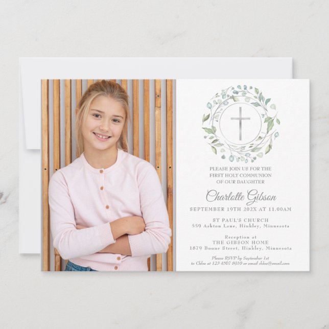 Invitación Primera Comunión Verde Cruz de Plata Foto (Anverso)