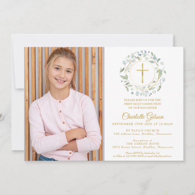 Invitación Primera Comunión Verde Dorado Cruz Foto (Anverso)