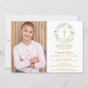 Invitación Primera Comunión Verde Dorado Cruz Foto