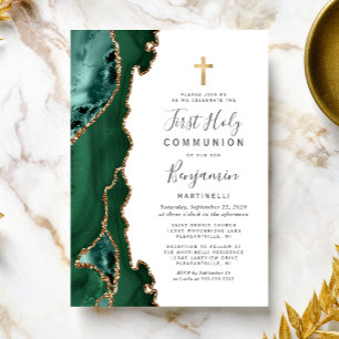 Invitación Primera Comunión Verde Esmeralda Ágata Dorada