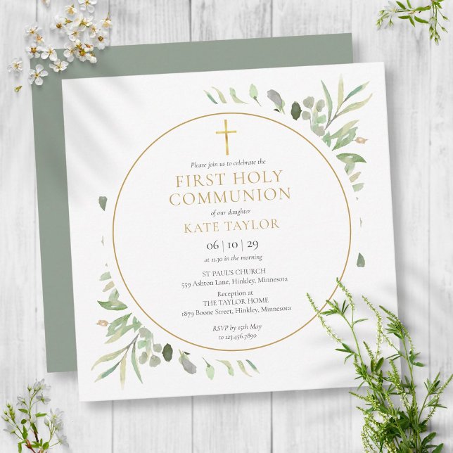 Invitación Primera Comunión Verde Foliaje Oro (Subido por el creador)