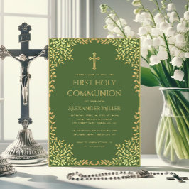 Invitación Primera Comunión Verde Hojas de Oro Falso Vintage