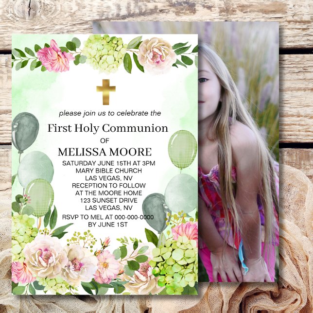 Invitación Primera Comunión Verde Hydrangea Floral Rosa (Subido por el creador)