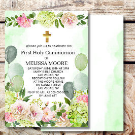 Invitación Primera Comunión Verde Hydrangea Floral Rosa