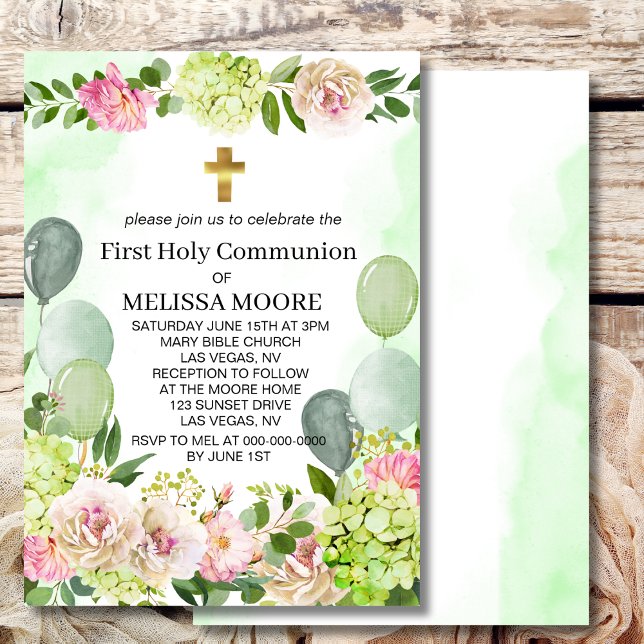 Invitación Primera Comunión Verde Hydrangea Floral Rosa (Subido por el creador)