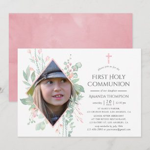 Invitación Primera Comunión Verde Pastel Rosado