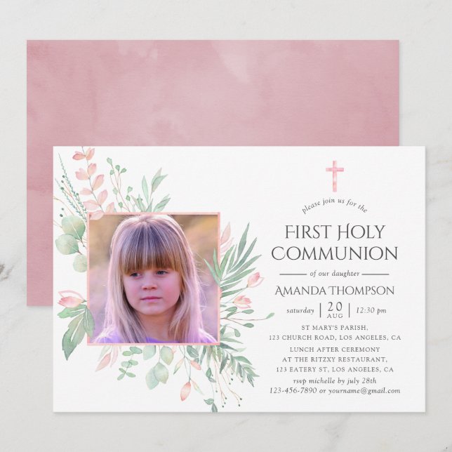 Invitación Primera Comunión Verde Pastel Rubor (Anverso / Reverso)