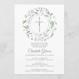 Invitación Primera Comunión Verde Plata Cruz