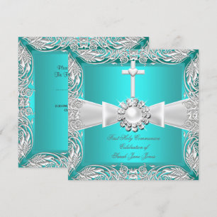 Invitación Primera Comunión Verde Teal Blanco Plata Niña Niño