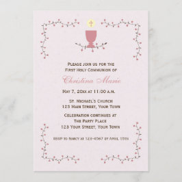 Invitación Primera comunión, vides florales con cáliz rosa