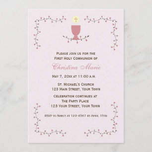 Invitación Primera comunión, vides florales con cáliz rosa