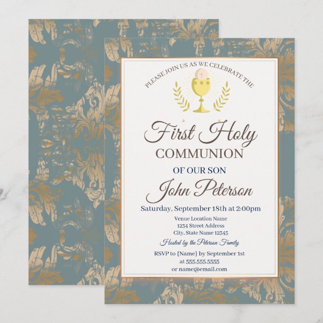 Invitación Primera Comunión Vintage Damask (Anverso / Reverso)
