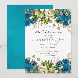 Invitación Primera Comunión Vintage Turquesa y Dorado Shabby