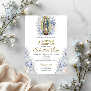 Invitación Primera Comunión Virgen de Guadalupe Floral Azul